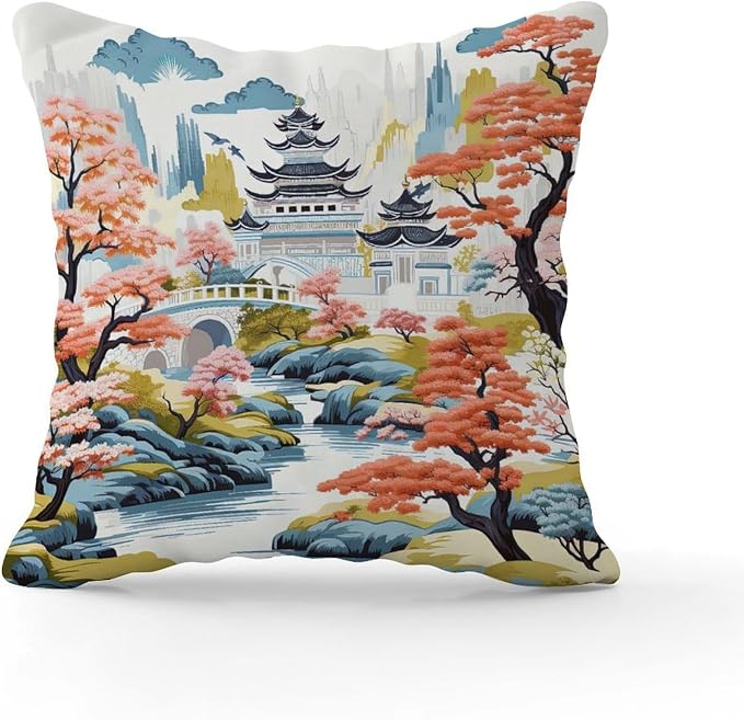 Chinoiserie Pagoda White Coral Blue Throw Pillow Covers Chinoiserie Chic Asian Pillow Covers 16x16 INModern Accent Decorative Cushion Covers Home Decor for Patio Couch Bench