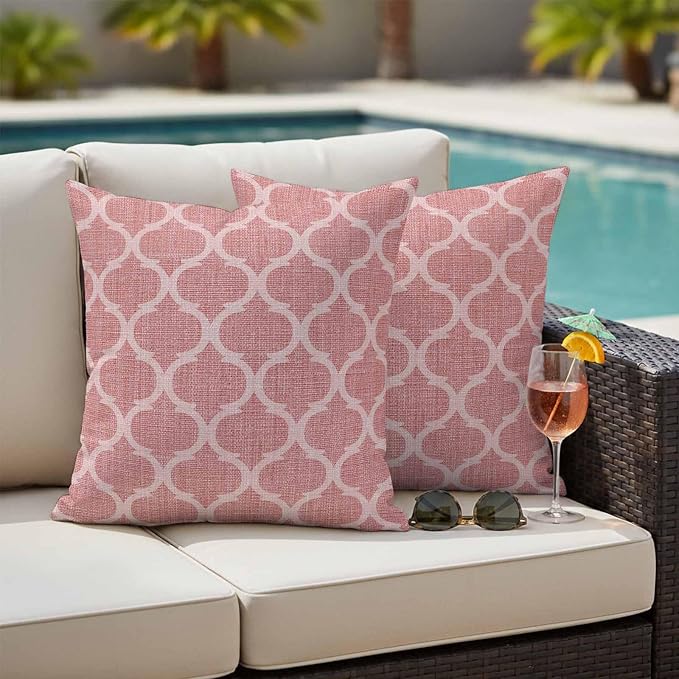 Coral Pink Morocco Outdoor Pillow Covers 18x18 Inch Throw Pillow Covers Set of 2 Waterproof Decorative Pillow Cases Vintage Geometric Plaid Mahbudium Cushion Covers for Patio Furniture Garden Couch