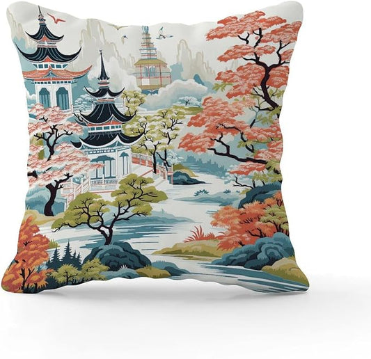 Chinoiserie Pagoda White Coral Blue Throw Pillow Covers Chinoiserie Chic Asian Cushion Cover 18x18 INAbstract Accent Outdoor Garden Decoration for Outside Couch Chair Patio