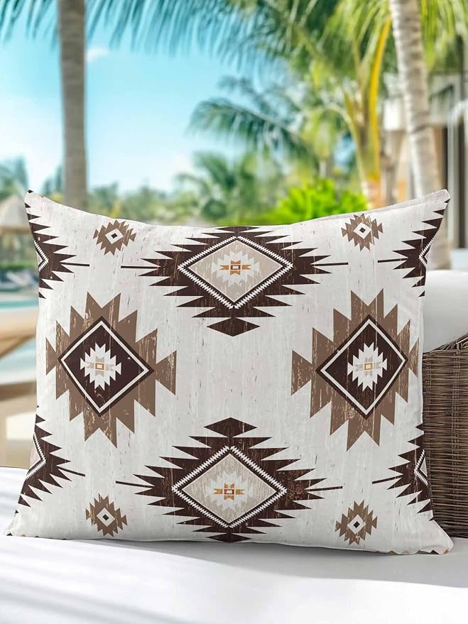 Waterproof Outdoor Pillow 1 Pack Brown Boho Aztec Decorative Throw Pillows Cover & Insert 16x16 Inch Pillowcase Southwest Tribal Style Square Pillows for Couch Sofa Bed Patio Furniture Indoor Outdoor