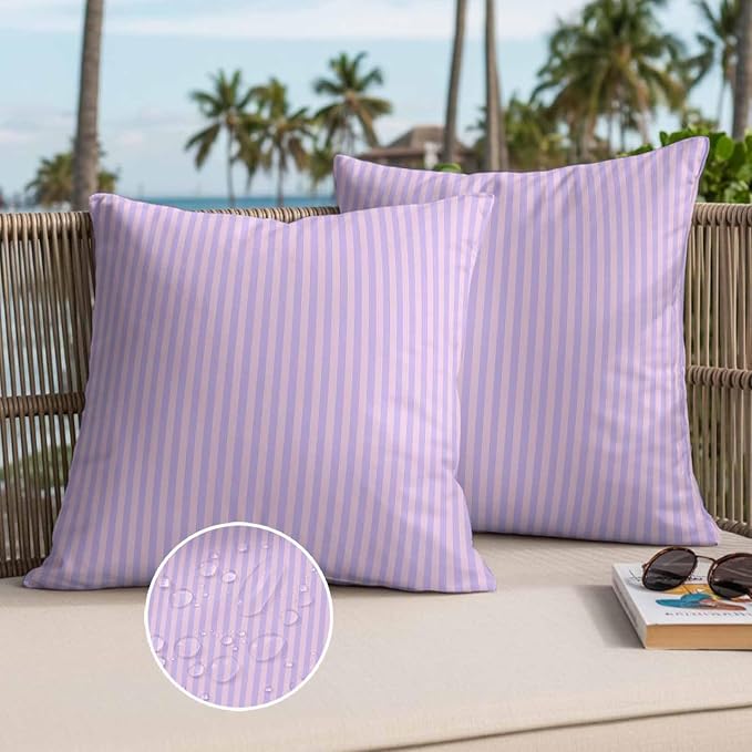 Throw Pillow Covers 18x18 Inch Set of 2, Purple Waterproof Outdoor Cushion Covers, Geometric Vertical Striped Solid Rainbow Decorative Pillowcases for Couch, Sofa, Bed, Garden, Patio
