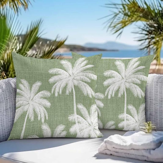 Outdoor Pillow Covers 20x20 Inch Set of 2, Dark Sage Green Palm Trees Waterproof Throw Pillow Covers, Tropical Summer Beach Decorative Cushion Pillowcases for Couch, Sofa, Bed, Garden, Patio