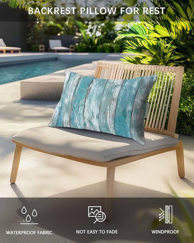 Outdoor Pillows Waterproof Covers Set of 2, Turquoise Wood Grain Adjustable Elastic Chaise Lounge Head Resting Pillows, Vertical Stripes Wooden Plank Lumbar Pillow for Pool Patio Furniture 11x16 Inch