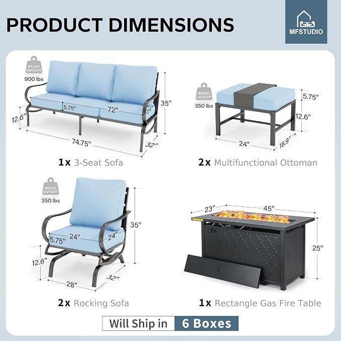 MFSTUDIO 6 Pieces Patio Furniture Sets with 45" Gas Fire Pit Table(Up to 7 Seat),Outdoor Metal Conversation Sofas with 1 x 3-Seat Sofa,2 Rocking Chairs and 2 Ottoman,Blue Cushion