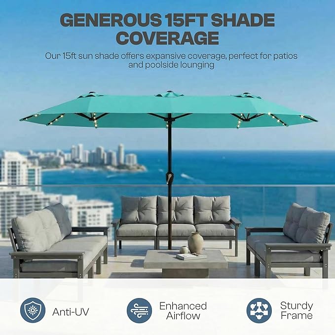 15FT Patio Umbrella with Solar Lights, Double-Sided Extra Large Outdoor Table Umbrella with Base Included, Heavy-Duty 12 Iron Ribs Market Umbrella for Garden, Pool, Backyard, Turquoise Blue