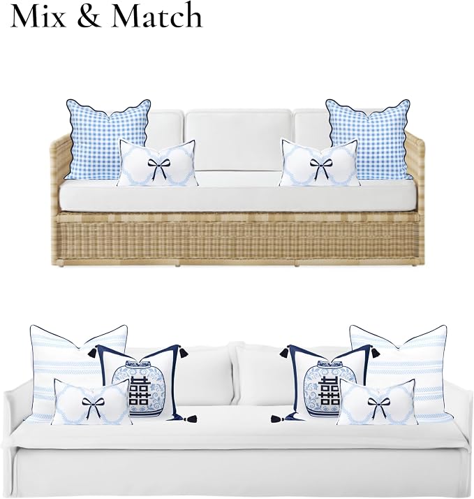 Hofdeco Premium Coastal Hampton Patio Indoor Outdoor Lumbar Pillow Cover Only, 12"x20" Water Repellent for Backyard, Couch, Poolside, Baby Blue Navy Embroidered Ribbon Bow Tie on Leaves