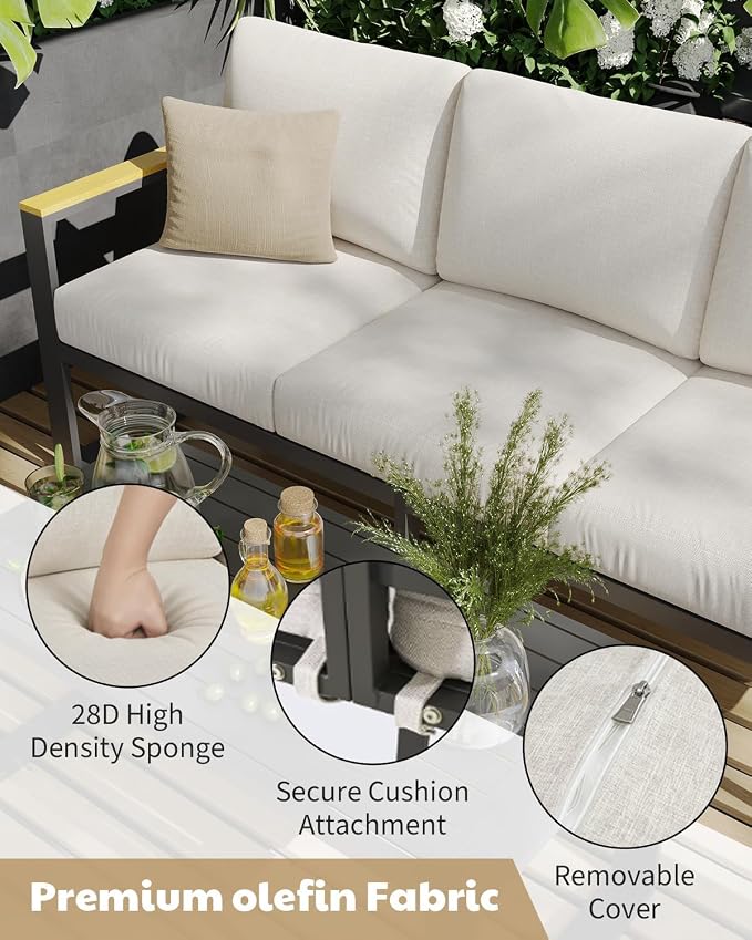 Aluminum Outdoor Patio Furniture - 1 Pcs Loveseat and Coffee Table, All-Weather Metal Modern Outside Furniture with Washable Thick Cushion for Balcony, Garden, Deck, Backyard, Beige