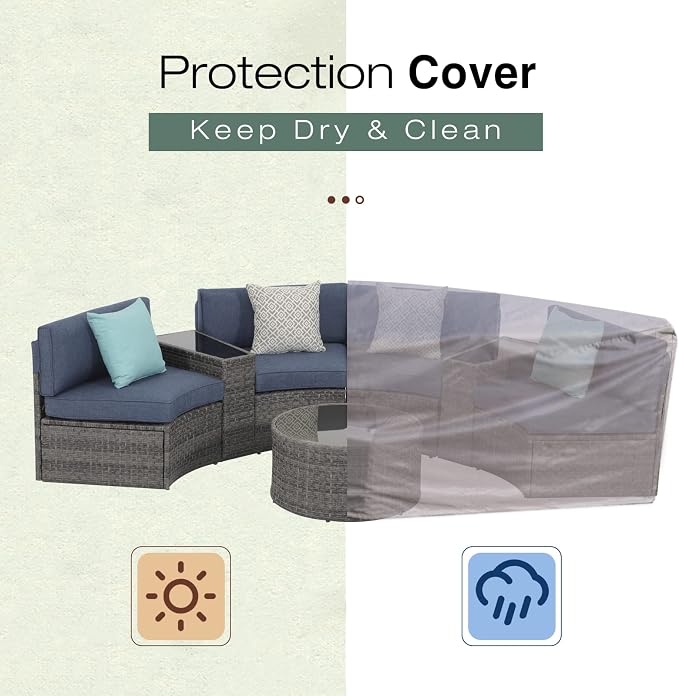 SUNSITT Outdoor 7-Piece Half-Moon Sectional Furniture Set with Round Coffee Table, Patio Curved Sofa Set, Denim Blue Cushion and Grey Wicker, Incl. Waterproof Cover