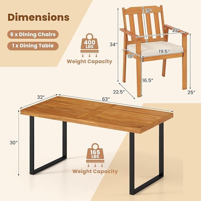 Tangkula 7 Pieces Patio Dining Table Set, 63” Rectangle Acacia Wood Table with Umbrella Hole and 6 Cushioned Armchairs, Outdoor Dinette Furniture for Garden Backyard Kitchen