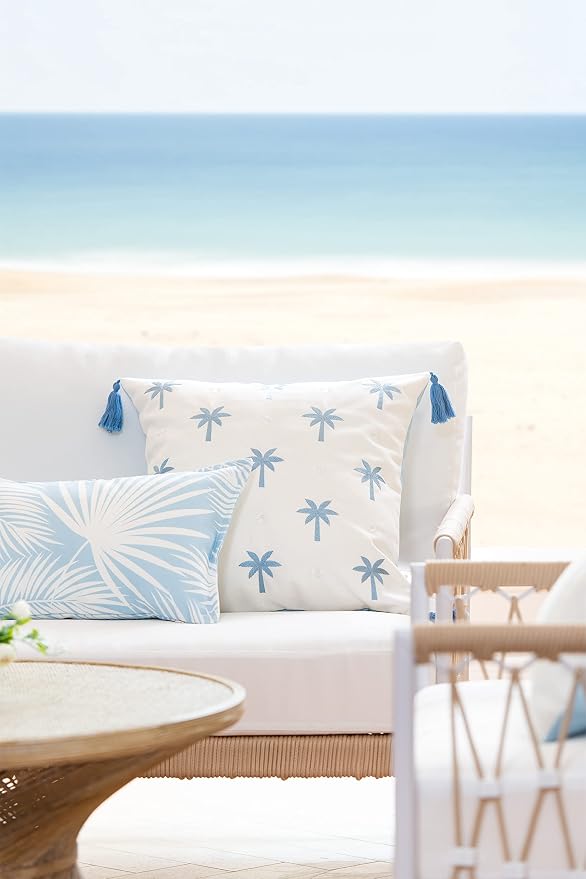 Hofdeco Premium Coastal Hampton Style Patio Indoor Outdoor Pillow Cover Only, 20"x20" Water Resistant for Backyard, Couch, Baby Blue Embroidered Palm Tree Tassel (Pack of 2)