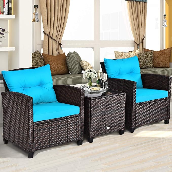 Modern Turquoise 3-Piece Wicker Patio Furniture Set with Water-Resistant Cushions & Tempered Glass Table