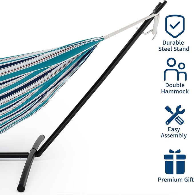 2 Person Double Hammock with Stand Foldable, 450Lbs Capacity, Double Hammocks Portable with Carrying Bag, Thick Rope, Collapsible Heavy-Duty Steel Stand for Indoor & Outdoor, Weatherproof