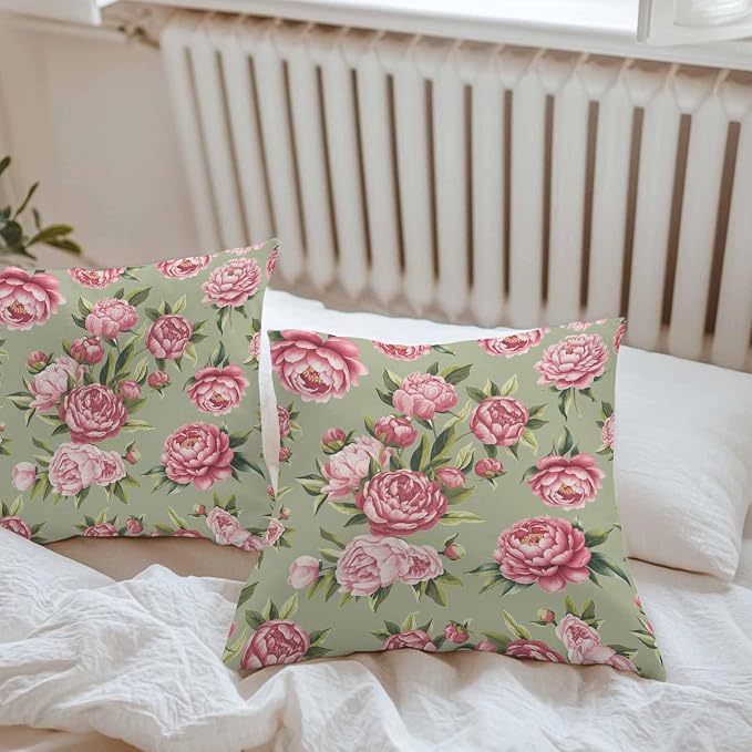 Vandarllin Outdoor Throw Pillows Covers 20x20 inch Set of 2 Waterproof Pink Rose Floral Decorative Zippered Cushion Covers for Patio Furniture, Sage Green Leaves Flowers Lumbar Pillowcases