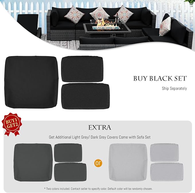 BULEXYARD 9 Piece High Back Outdoor Sectional Seating with Fire Pit Table, Heavy Duty Sturdy Wicker Patio Set Conversation Couch Sofa, Extra Wide Deep Large 8-Person Deck Furniture Set, Grey & Black
