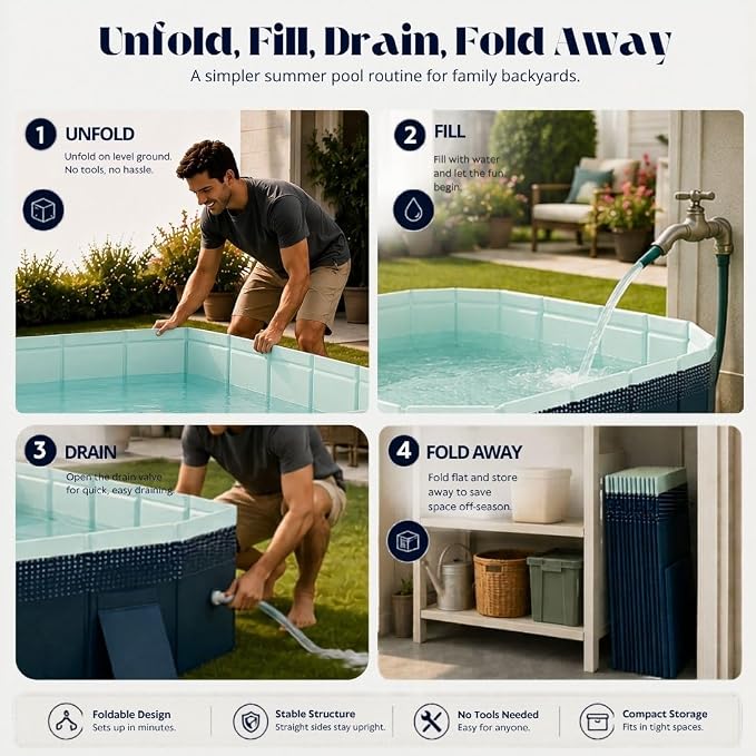 Large Foldable Pool, Non Inflatable Pool with 4-Layer Composite PVC, Sturdy Triangular Support Boards, Double Drains, Foldable Outdoor Pool for Backyard Kids & Adults, 5 Sizes
