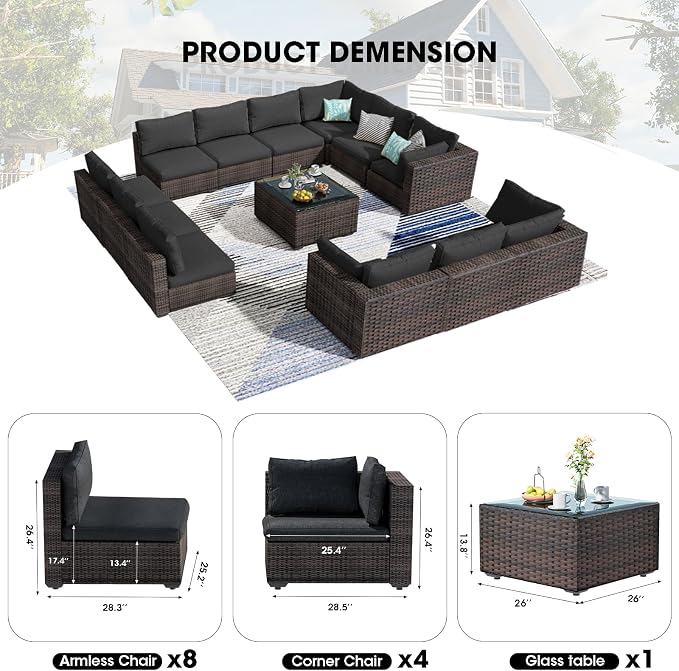 13 Piece Patio Furniture Set All Weather PE Rattan Outdoor Sectional Sofa Couch with No-Slip Cushions and Glass Top Table for Garden, Poolside, Backyard (Black)