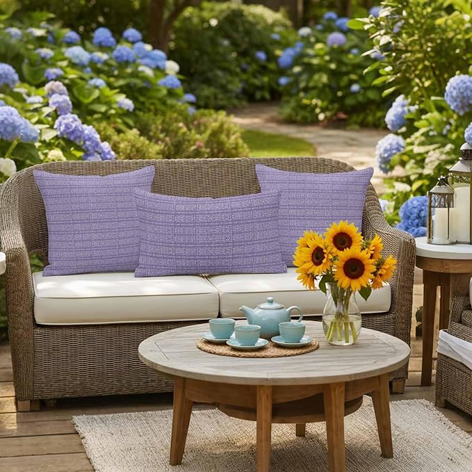 Outdoor Waterproof Throw Pillow Covers Set of 2 Lavender Purple Stripes Grain Pillowcases 24x24 Inches Solid Color Decorative Pillows Cushion Case Patio Pillows for Couch Bed Chair Garden