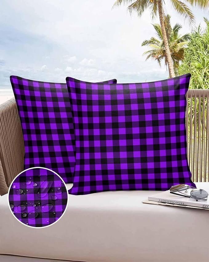 Outdoor Waterproof Throw Pillow Covers Set of 2 Purple Buffalo Plaid Pillowcases 16x16 Inches Pastoral Black Checked Decorative Pillows Cushion Case Patio Pillows for Couch Bed Chair Garden