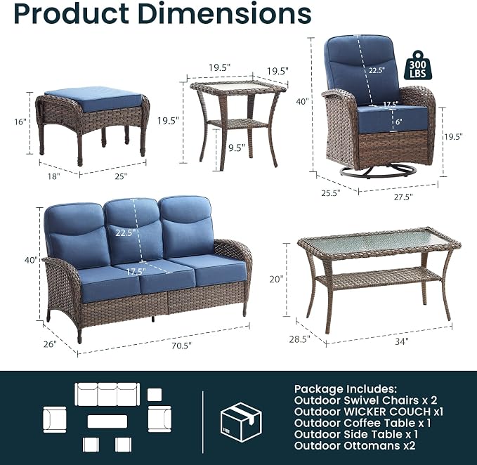 High Back Luxury Patio Furniture Set with 6-inch Thick Cushion, Swivel Rocker Patio Chairs with Outdoor Couch, 7 Piece Wicker Conversation Set for Deck Yard Garden Balcony Blue