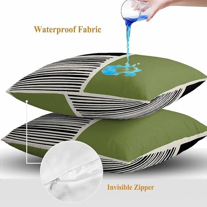 Throw Pillow Covers 26x26 Inch Set of 2, Sage Green Black Waterproof Outdoor Pillow Covers, Farmhouse Striped Modern Abstract Art Decorative Cushion Pillowcases for Couch, Sofa, Bed, Garden, Patio