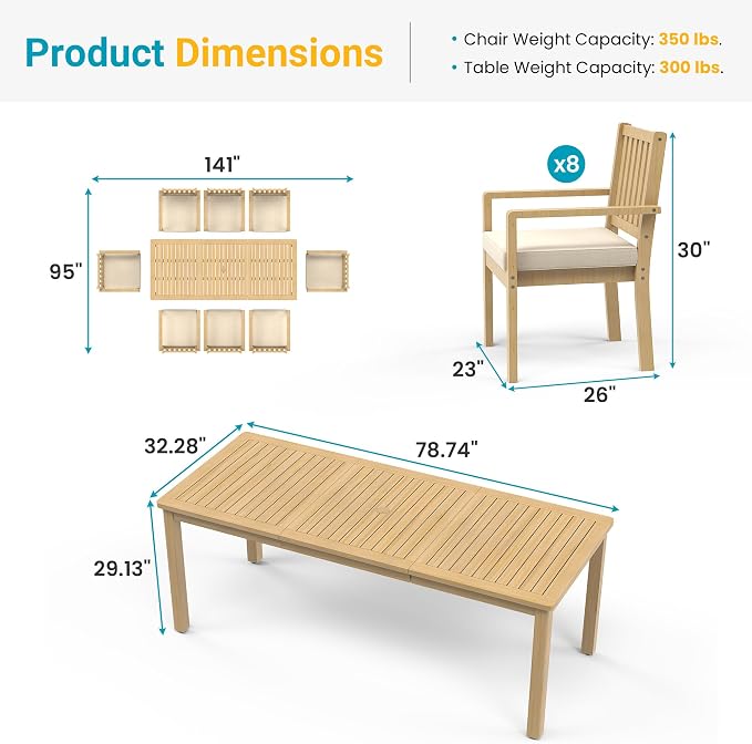 FansaFurn 9 Pieces Acacia Outdoor Patio Table and Chairs Set for All-Weather, Outside Furniture with Table Umbrella Hole and Removable Cushion for 8, Outdoor Patio Furniture Set for Garden, Brown