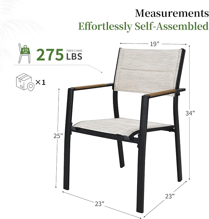 Outdoor Patio Dining Chairs Set of 2, Light Weight Aluminum Frame with Textilene Fabric & Wood-like Armrest, 275 LBS Capacity, Outdoor Stackable Chairs for Poolside Lawn Garden, Brown Armrest