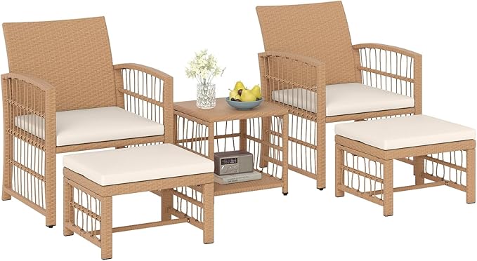 Tangkula 5 Pieces Patio Wicker Conversation Set, Outdoor Furniture Set with 2 Armchairs, 2 Ottomans & 2-Tier Side Table, Outside Rattan Cushioned Sofa Set for Deck, Backyard, Porch or Poolside