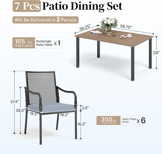SUNSHINE VALLEY Patio Table and Chairs Set of 6, All-Weather Breathable Metal Mesh Patio Chair with Gourd-Shaped Armrests, 60x38 Wood-Like Table with Umbrella Hole, 7 Pcs Metal Frame Patio Dining Set