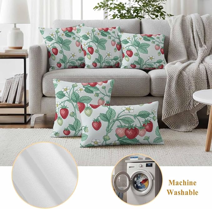 Strawberry Leaves Outdoor Pillow Covers 24"x24" Set of 2, Watercolor Red Pink Fruit Floral Mint Green Waterproof Throw Pillow Covers for Patio Furniture, Decorative Cushion Covers for Porch