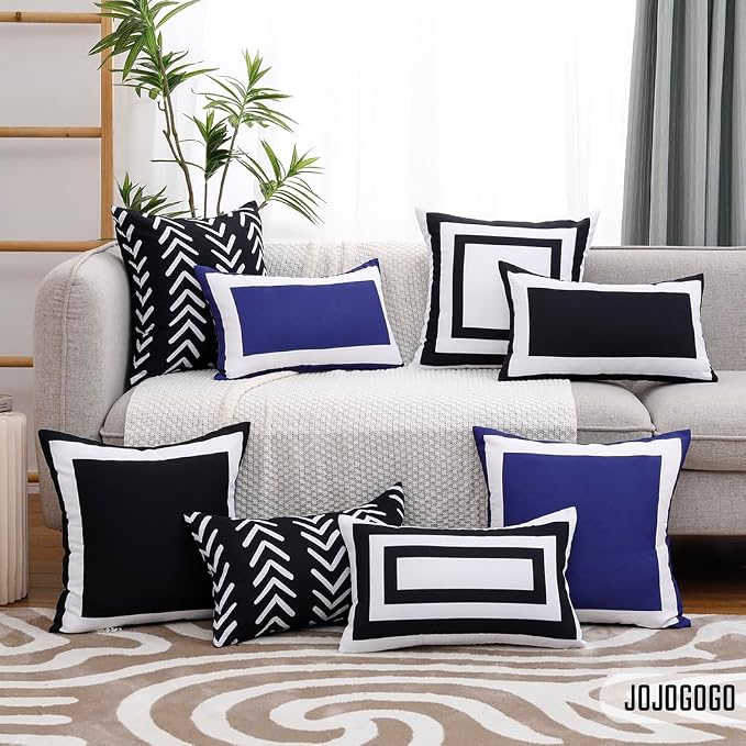 JOJOGOGO Navy Blue Outdoor Lumbar Pillow Covers Waterproof 12x20 Set of 2, Navy Decorative Outdoor Waterproof Sunburn Resistant Boho Bolster Pillows 12 x 20 for Patio Furniture Hammock (White Border)
