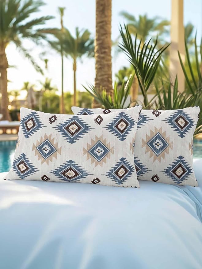 Waterproof Outdoor Pillow Set of 2 Blue Boho Aztec Decorative Throw Pillows Cover & Insert 20x12 Inch Lumbar Pillowcase Southwest Tribal Style Pillows for Couch Sofa Bed Patio Furniture Indoor Outdoor