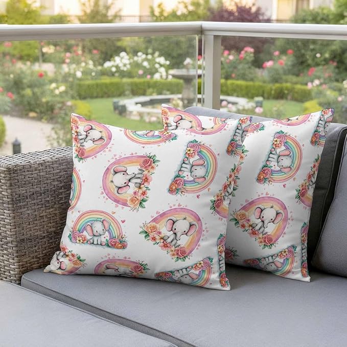 Yukro Rainbow Elephant Outdoor Waterproof Pillow Covers Pack of 2, Pink Red Flower Love Watercolor Animal Throw Pillowcases Decorative Cushion Covers for Garden Patio Tent Sofa Couch, 16x16 inch