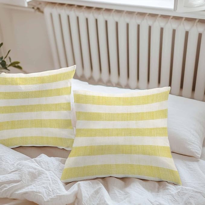 Chucoco Outdoor Waterproof Throw Pillow Cover, Farmhouse Yellow Linen Stripes Decorative Pillows Cushion Covers, Vintage 2 Pack Pillow Cases for Patio Garden Balcony Couch Sofa 16x16in