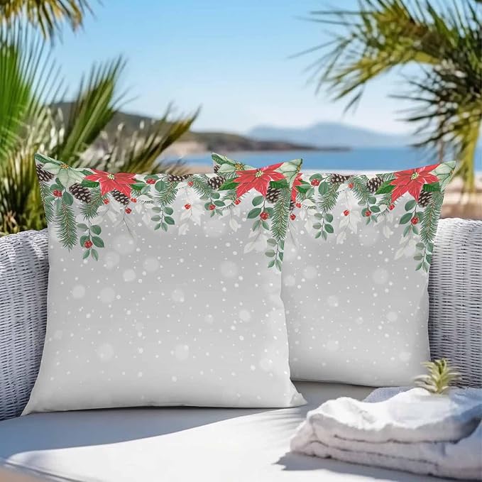 Outdoor Throw Pillow Covers, Christmas Poinsettia Flower Pine Cones Eucalyptus Leaf Winter Snowflake Gray Waterproof Pillowcases Cushion Covers Cases for Patio Couch Bench, Pack of 2 Square, 20"X20"