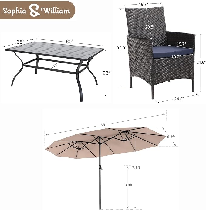 Sophia & William 7 Pieces Patio Dining Set with 13ft Beige Patio Umbrella, 60" Outdoor Metal Table & Rattan Chairs Set with Cushions