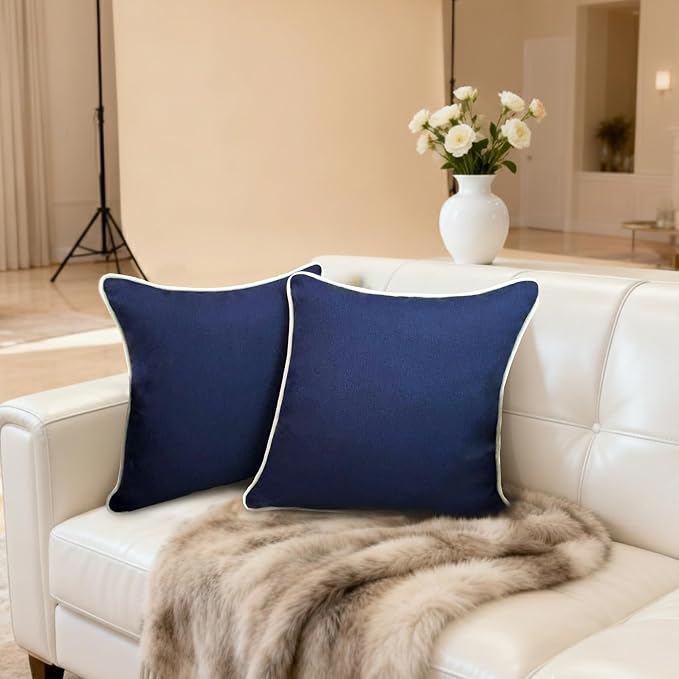 HER HWA Outdoor Throw Pillow Covers White Piping 18"x18" Set of 2, Blue | durable fade-resistant water-resistant 100% polyester white piping smooth zipper machine washable for indoor outdoor décor