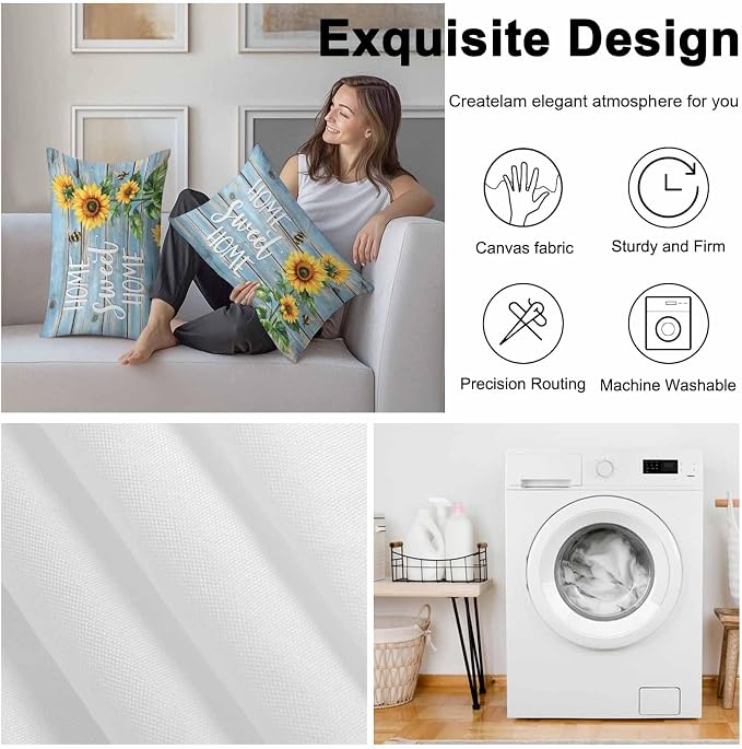 Lumbar Pillow Covers 20x12 Inch Set of 2, Spring Sunflower Waterproof Outdoor Pillow Covers, Bee Wooden Grain Country Rustic Decorative Cushion Pillowcases for Couch, Sofa, Bed, Garden, Patio