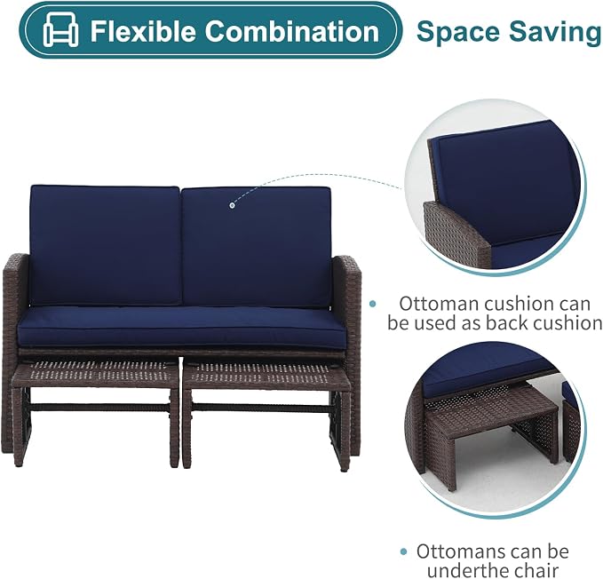 OC Orange-Casual Outdoor Loveseat 3 Piece Patio Furniture Set Outdoor Conversation Set All-Weather Wicker Love Seat with Ottoman/Side Table, Brown Rattan, Blue