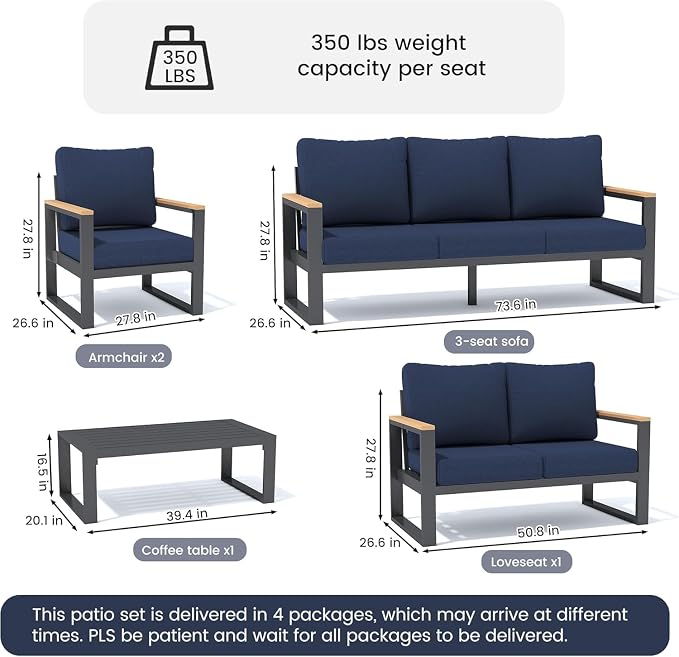Sundale Outdoor Aluminum Patio Furniture Set, 5 Piece Outdoor Conversation Sets with Coffee Table and 6" Thick Olefin Cushions, All Weather Outdoor Sectional Set for Deck, Lawn, Yard (Navy Blue)