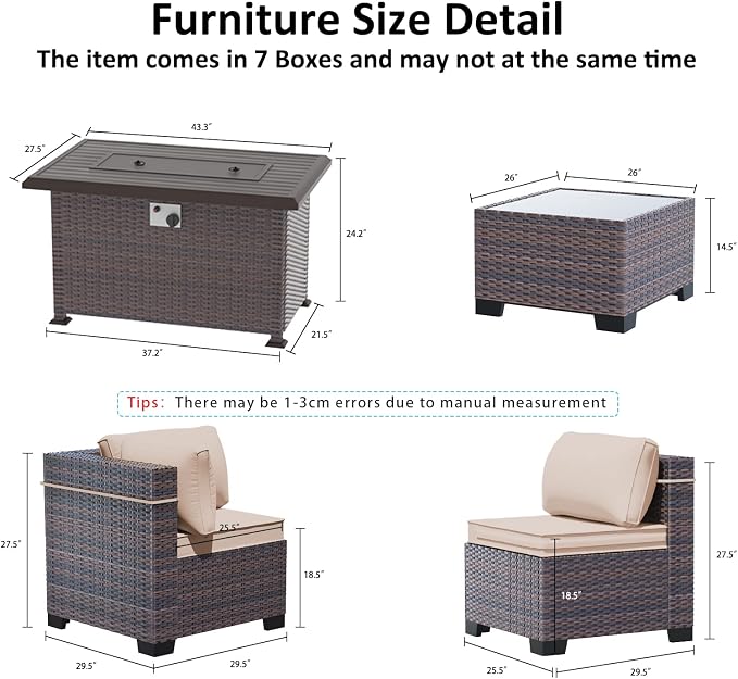 Outdoor Patio Furniture Set with Gas Fire Pit Table, 13 Pieces Outdoor Furniture Set Patio Sectional Sofa w/43in 55000 BTU Propane Fire Pit, PE Wicker Rattan Patio Conversation Sets - Brown