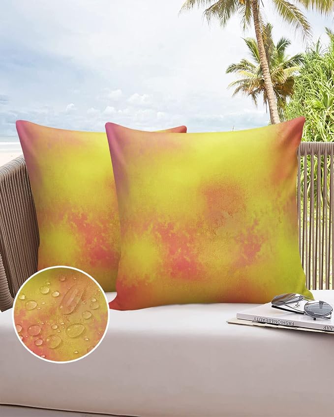 Fall Ombre Orange Yellow Outdoor Throw Pillow Covers 24x24 Inch, Waterproof Watercolor Autumn Decorative Cushion Pillow Cases, Polyester Pillowcase Set of 2 for Couch Patio Furniture