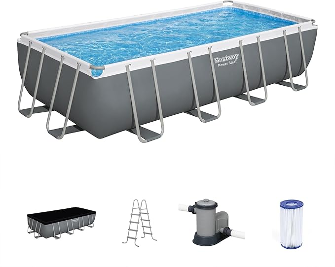 Bestway Power Steel 18’ x 9' x 48” Above Ground Pool, Rectangular Metal Frame Outdoor Swimming Pool Set with Filter Pump, Ladder, and Cover