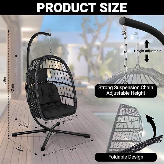 CHABATREE Egg Chair with Stand,Patio Rattan Wicker Hanging Swing Egg Chair Hammock Chair for Bedroom Porch Garden,Thickened Aluminum Alloy Steel Frame and UV Resistant Cushion,350LBS Capacity