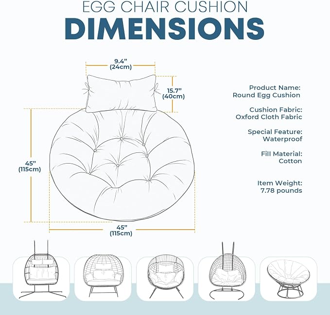 Outdoor 45" Round Egg Chair Cushion Replacement Waterproof Blue | Thicken Pad with Headrest Pillow, Hanging Swing Wicker Egg Chair Cushions, Suitable for Garden Office