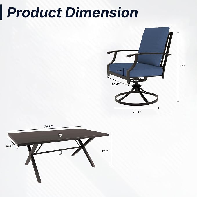 7 PCS Outdoor Patio Dining Set,Patio Table and Chairs Metal Outdoor Patio Furniture Set with Umbrella Hole,Dining Table Set with 6 Swivel Chairs for Deck,Backyard and Garden,Navy Blue
