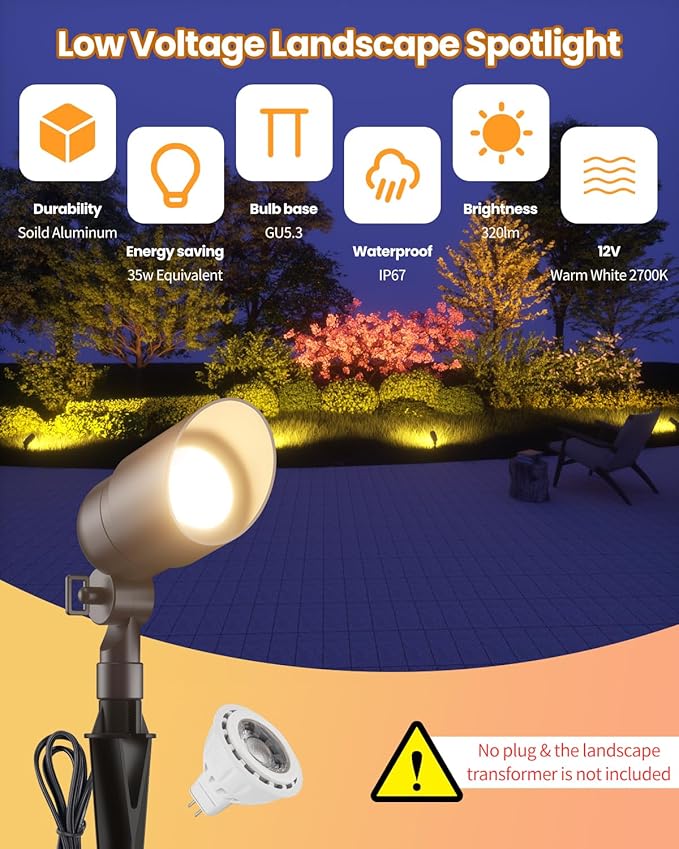 Cheopha 12V Outdoor Low Voltage Landscape Lighting Spotlight, IP67 Waterproof Aluminum Body, Replaceable 4W MR16 LED Bulb (2700K Warm White) for Garden, Lawn, and Yard Lights 5-Pack