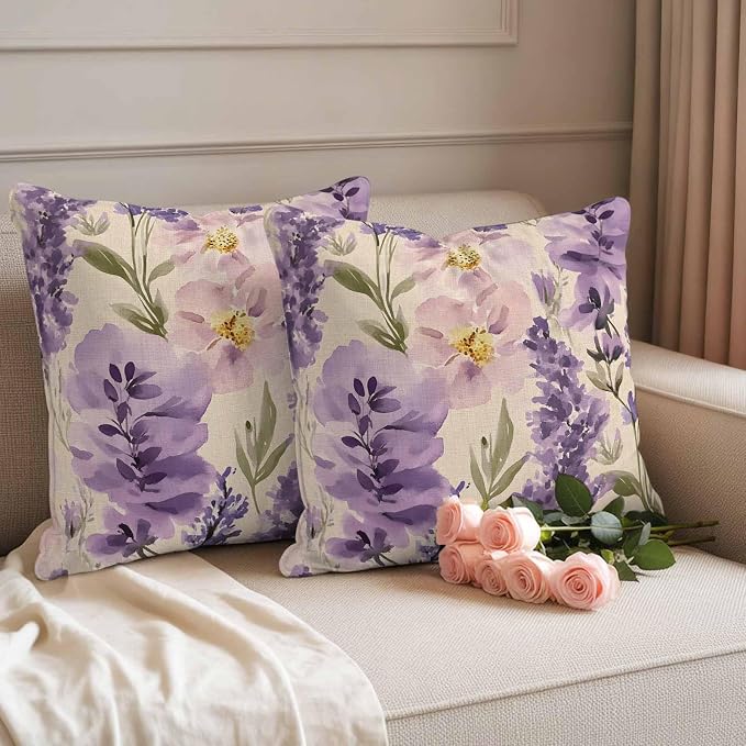 Spring Flowers Outdoor Waterproof Throw Pillow Covers Set of 2, 24"x24", Lavender Leaf Purple Floral Vintage Decorative Pillow Covers Outside Cushion Case for Patio Porch Garden