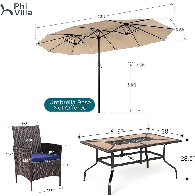 PHI VILLA 7pc Patio Dining Set w/Umbrella, Wood-top Table, Rattan Chairs | Outdoor Dining Set for 6, Metal Table & 6 Cushioned Rattan Chairs with Beige Umbrella for Outdoor, Deck, Yard, Porch