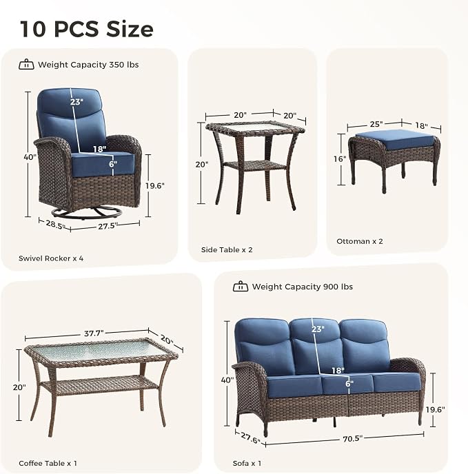 Luxury Patio Furniture Set with 6-inch Thick Cushions, Outdoor Furniture Set with High Back Swivel Chairs, 10 PCS Wicker Outdoor Conversation Set for Porch, Patio, Yard, Deck, Poolside, Brown/Blue