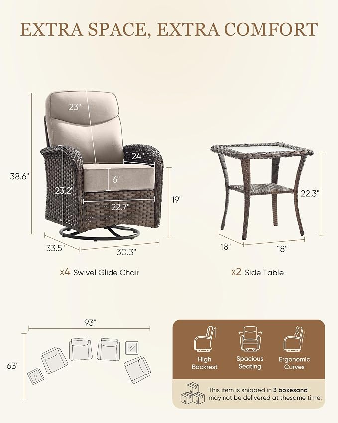Belord Upgraded 6“ Cushion Luxury 6 Pieces Patio Furniture Set - All Weather Wicker Outdoor Swivel Rocker Patio Chairs of 4 with Side Table, High Back Glider Chairs Set for Deck Porch - Brown/Beige